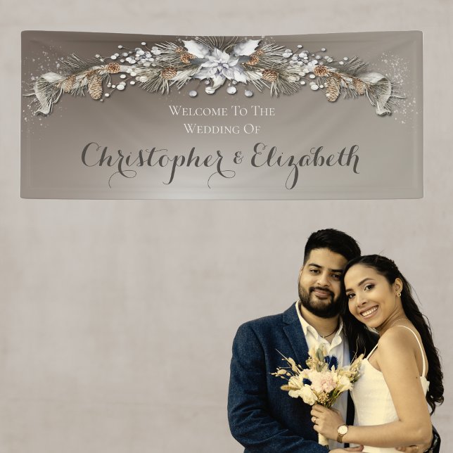 Elegant Silver Winter Floral Wedding Welcome Banner (Winter Silver Wedding Theme. Welcome banner for reception wedding events.)