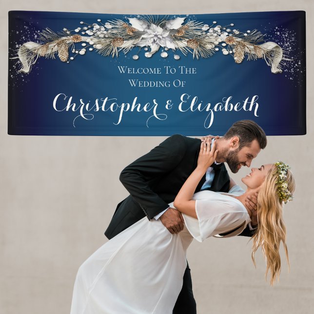 Elegant Silver Winter Floral Wedding Welcome Banner (Winter themed wedding welcome banner with names. Elegant gold and blue tones. Floral swag,)