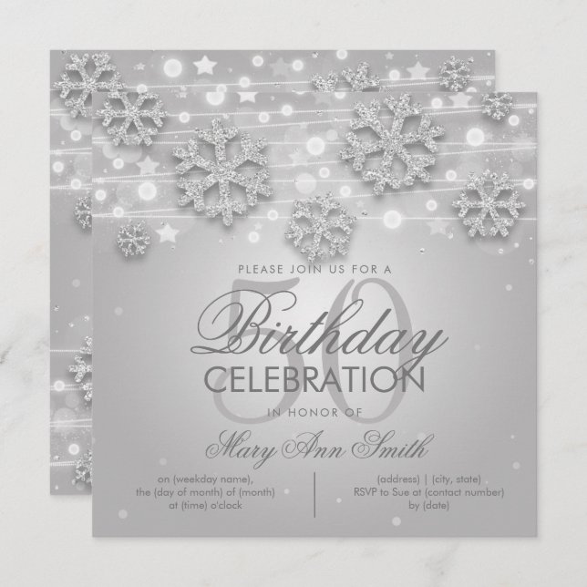 Elegant Silver Winter Glitter 50th Birthday Party Invitation (Front/Back)