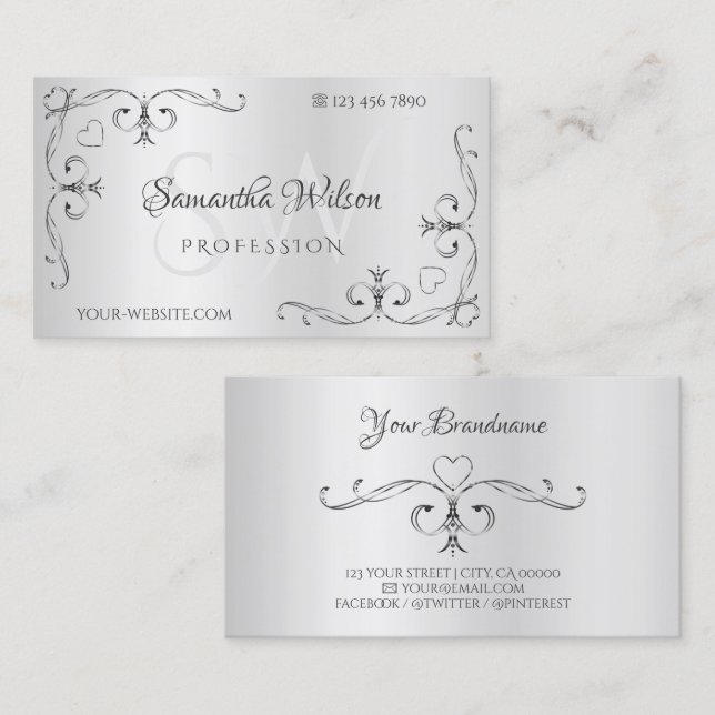 Elegant Silver with Initials Ornate Corner Borders Business Card (Front/Back)