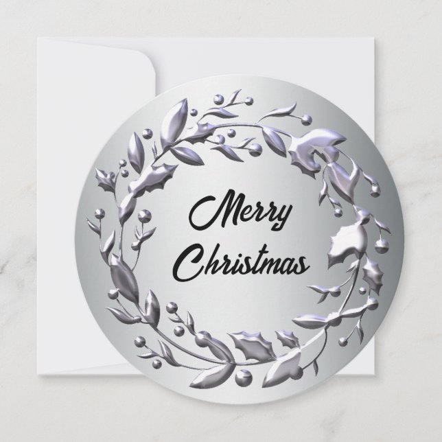 Elegant Silver Wreath on Silver Christmas Holiday Card (Front)