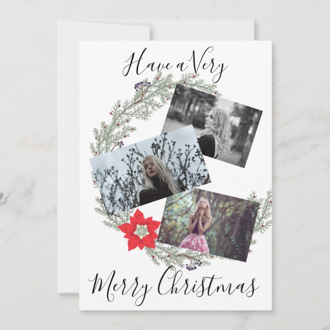 Elegant Silver Wreath & Red Poinsettia Photo Holiday Card (Front)