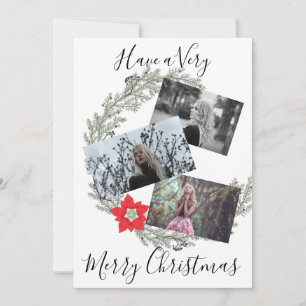 Elegant Silver Wreath & Red Poinsettia Photo Holiday Card