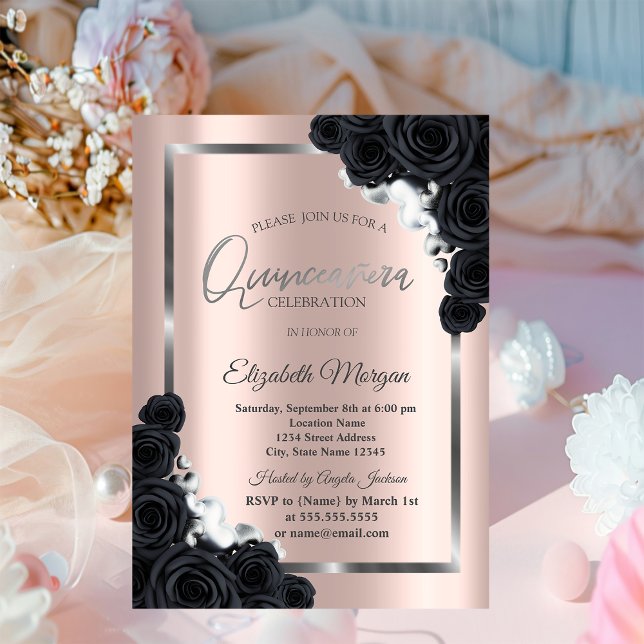 Elegant SilverFrame,Black Roses Quinceañera Invitation (Creator Uploaded)