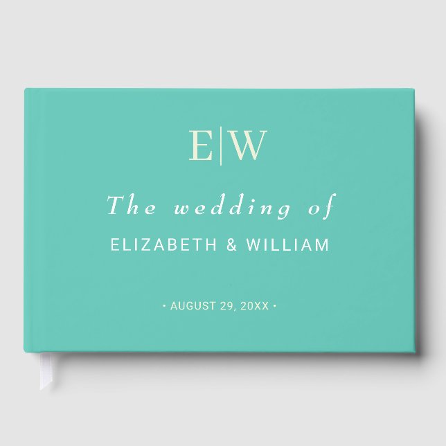 Elegant Simple Aquatic Awe with Monogram Wedding Guest Book (Front)