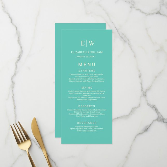 Elegant Simple Aquatic Awe with Monogram Wedding Menu (Front/Back In Situ)