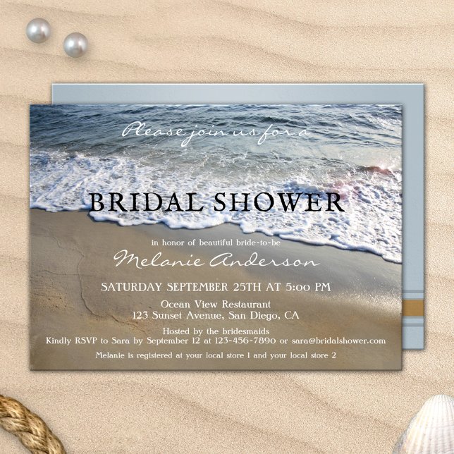 Elegant Simple Beach Bridal Shower Invitation (Elegant yet simple bridal shower invitation featuring waves on the beach)