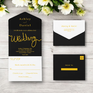 Elegant Simple Black And Gold Calligraphy Wedding All In One Invitation
