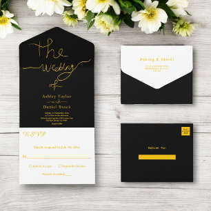 Elegant Simple Black And Gold Delicate Wedding All In One Invitation