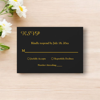 Elegant Simple Black And Gold Modern Chic Wedding RSVP Card