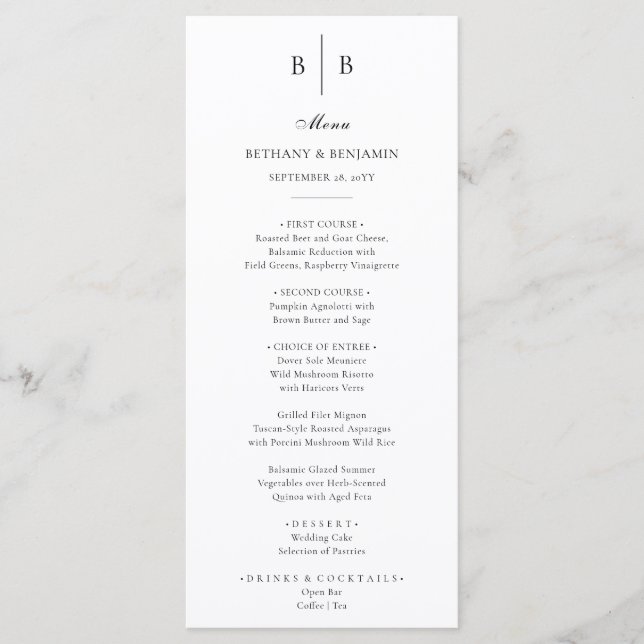 Elegant Simple Black and White Fine Art Wedding Menu (Front)