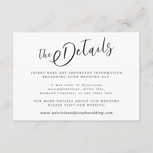 Elegant simple black and white wedding details enclosure card (Front)