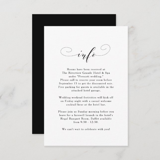 Elegant simple black and white wedding information enclosure card (Front/Back)