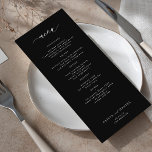 Elegant simple black and white wedding menu<br><div class="desc">Moody black trendy minimalist typography custom text template wedding menu card.</div>