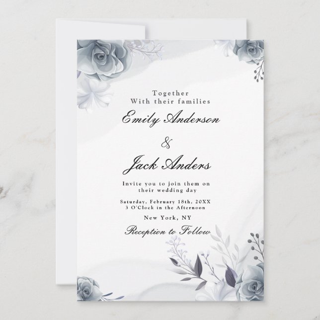 Elegant simple Black Floral wedding Invitation (Front)