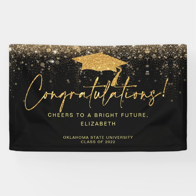 Elegant Simple Black Gold Glitter Graduation Banne Banner (Horizontal)