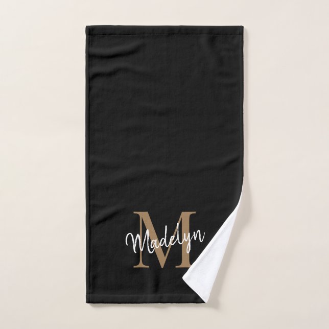 Elegant Simple Black Gold Monogram Script Name Hand Towel (Hand Towel)