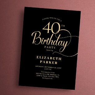 Elegant Simple Black Gold Script 40th Birthday Invitation