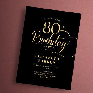 Elegant Simple Black Gold Script 80th Birthday Invitation
