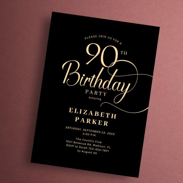Elegant Simple Black Gold Script 90th Birthday Invitation (Creator Uploaded)