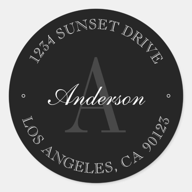 Elegant Simple Black Grey & White Monogrammed Classic Round Sticker (Front)
