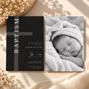 Elegant Simple Black Religious Baptism Baby Photo Invitation