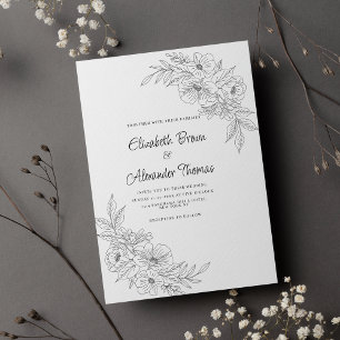 Elegant simple black white floral wedding  invitation