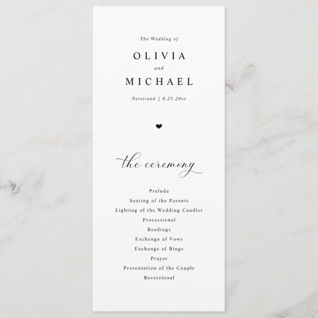 Elegant Simple Black & White Heart Wedding Programme (Front)