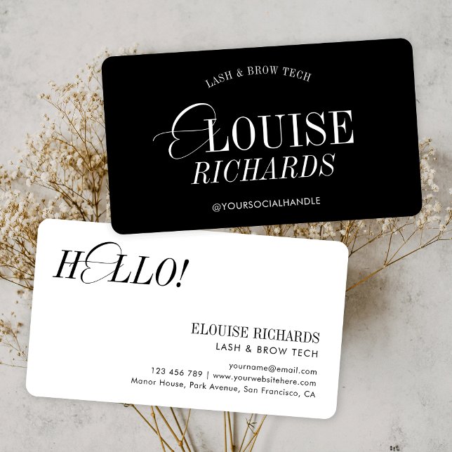 Elegant Simple Black & White Nostalgic Hair Beauty Business Card (Minimalist black & white business cards with stylish script fonts)
