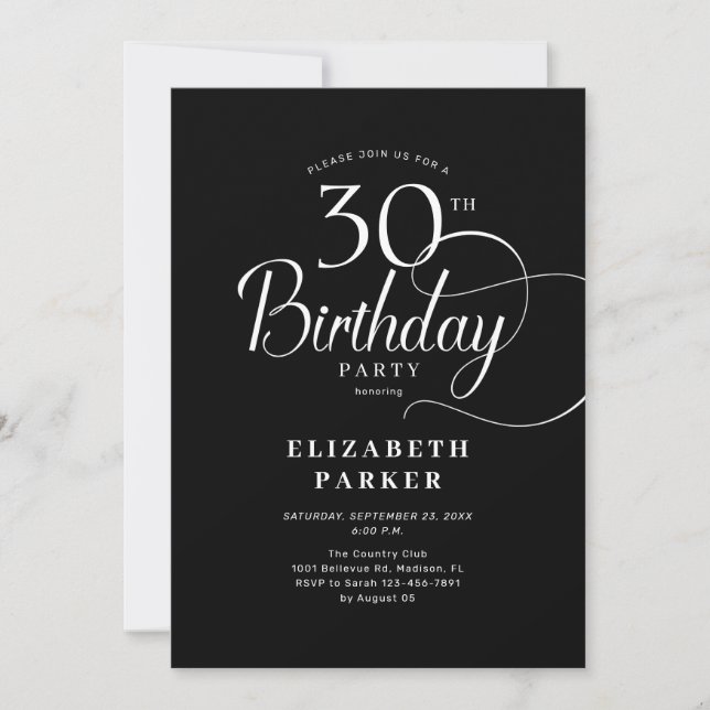 Elegant Simple Black White Script 30th Birthday Invitation (Front)