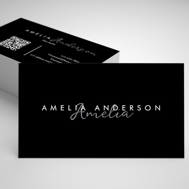 Elegant Simple Black White Script QR code Business Business Card (Creator Uploaded)