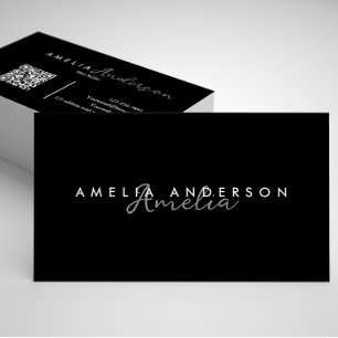 Elegant Simple Black White Script QR code Business Card