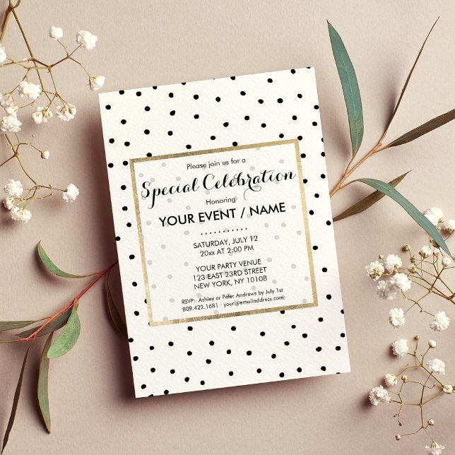 Elegant simple black white watercolor polka dots invitation (Elegant simple black white watercolor polka dots)