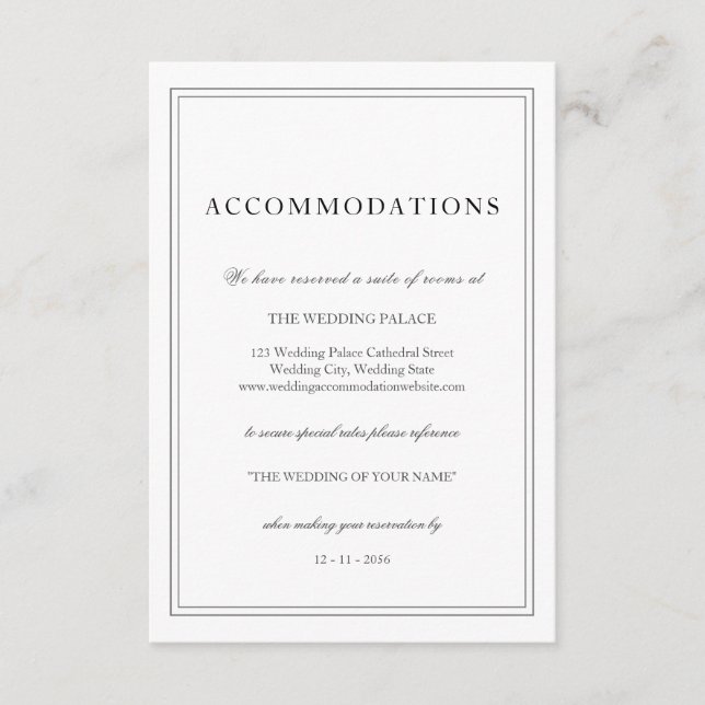Elegant Simple Black White Wedding Accommodations Enclosure Card (Front)