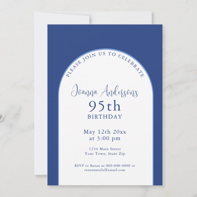 Elegant Simple Blue 95th Birthday Party  Invitation (Front)