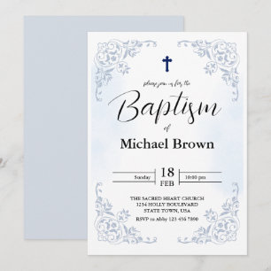 Elegant Simple Blue Catholic Baptism Cross Invitation