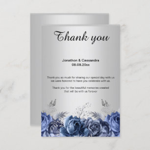ELEGANT SIMPLE BLUE FLORAL SILVER THANK YOU CARD