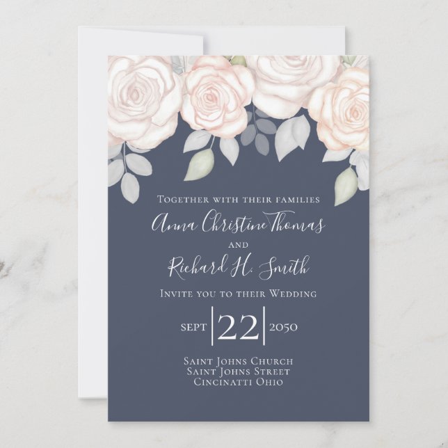 Elegant Simple Blush Pink Floral Navy Blue Foliage Invitation (Front)