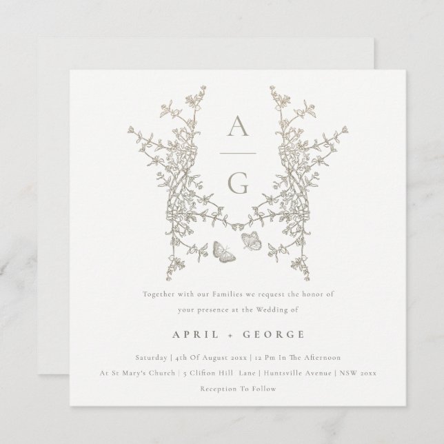 Elegant Simple Botanical Crest Monogram Wedding Invitation (Front/Back)
