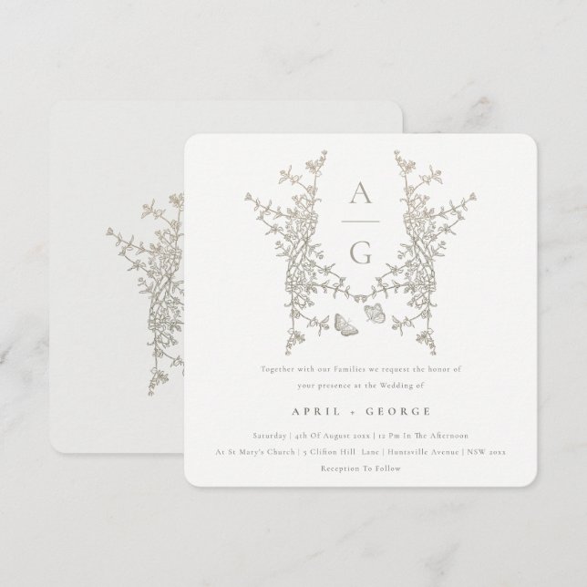 Elegant Simple Botanical Crest Monogram Wedding Invitation (Front/Back)