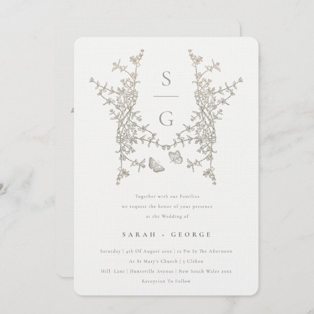 Elegant Simple Botanical Crest Monogram Wedding Invitation (Front/Back)