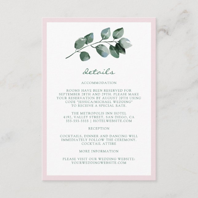 Elegant Simple Botanical Leaves Wedding Details Enclosure Card (Front)