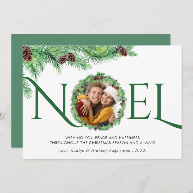 Elegant Simple Botanical Pine Wreath NOEL 1 Photo Holiday Card (Front/Back)