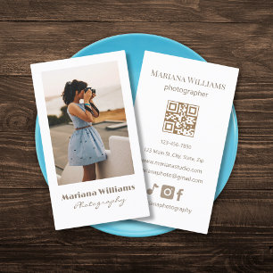 elegant simple brown script photographer qr code business card