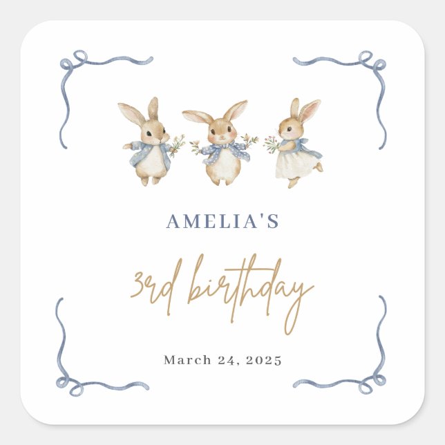 Elegant Simple Bunny Kid Easter 3rd Birthday Party Square Sticker (Front)