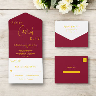 Elegant Simple Burgundy And Gold Modern Wedding All In One Invitation