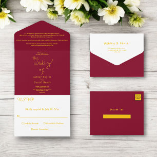 Elegant Simple Burgundy And Gold Modern Wedding All In One Invitation