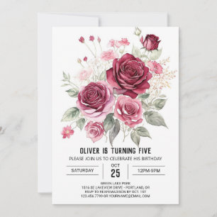 Elegant Simple Burgundy Floral Birthday Invitation