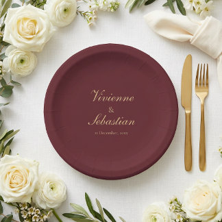 Elegant Simple Burgundy Script Minimalist Wedding Paper Plate