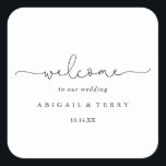 Elegant Simple Calligraphy Wedding Welcome  Square Sticker<br><div class="desc">This elegant simple calligraphy wedding welcome square sticker is perfect for a rustic wedding. The simple and elegant design features classic and fancy script typography in black and white. These labels are perfect for hotel guest welcome bags and destination weddings.</div>